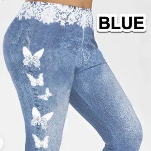 Butterfly & Denim Print Skinny Leggings